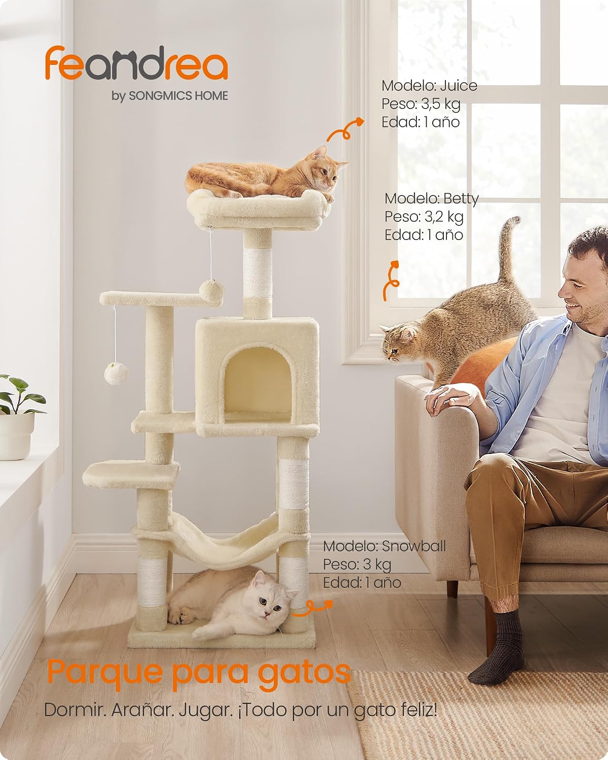 FEANDREA Árbol para Gatos Multinivel 112 cm – Beige Arena